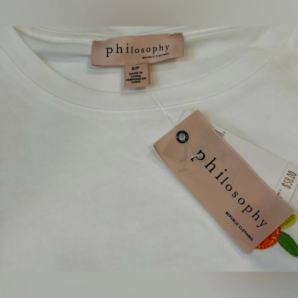 NWT PHILOSOPHY Women’s size small white tee with colorful fruit patches🍍🍒🍋🍊 - Picture 3 of 3